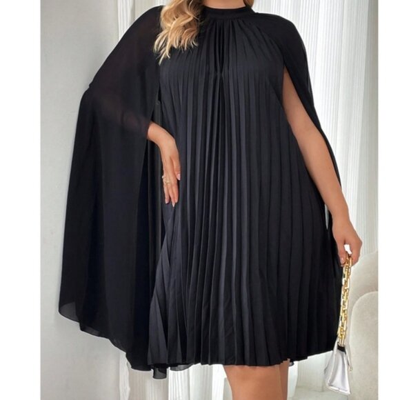Plus Black Pleated Cape Sheer Sleeve Mini Dress - Picture 1 of 8